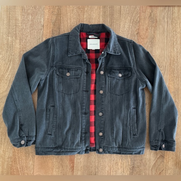 Thread & Supply Black Jean Jacket w/ Black Red Plaid Flannel Inner Lining Size S - Picture 7 of 15